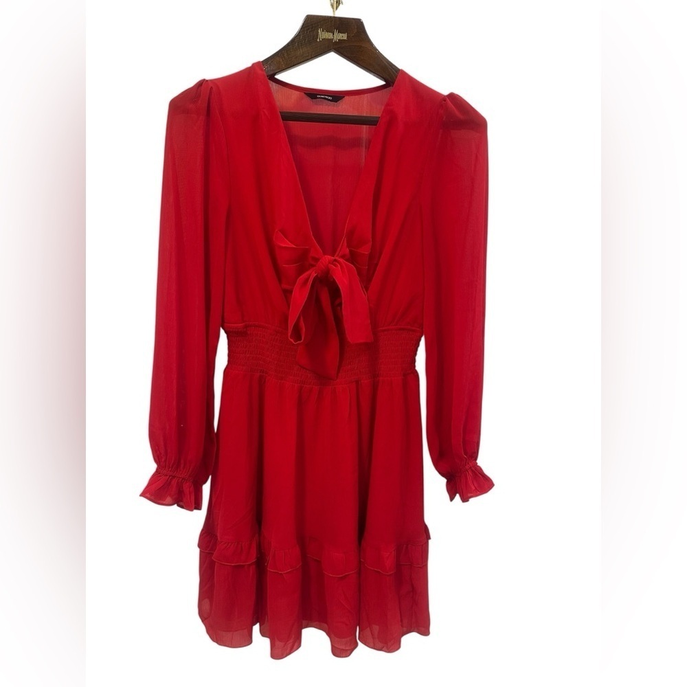 DOKOTOO MINI Red V Neck Front Long Tie Lantern Sleeve Ruffle Dress Size Medium